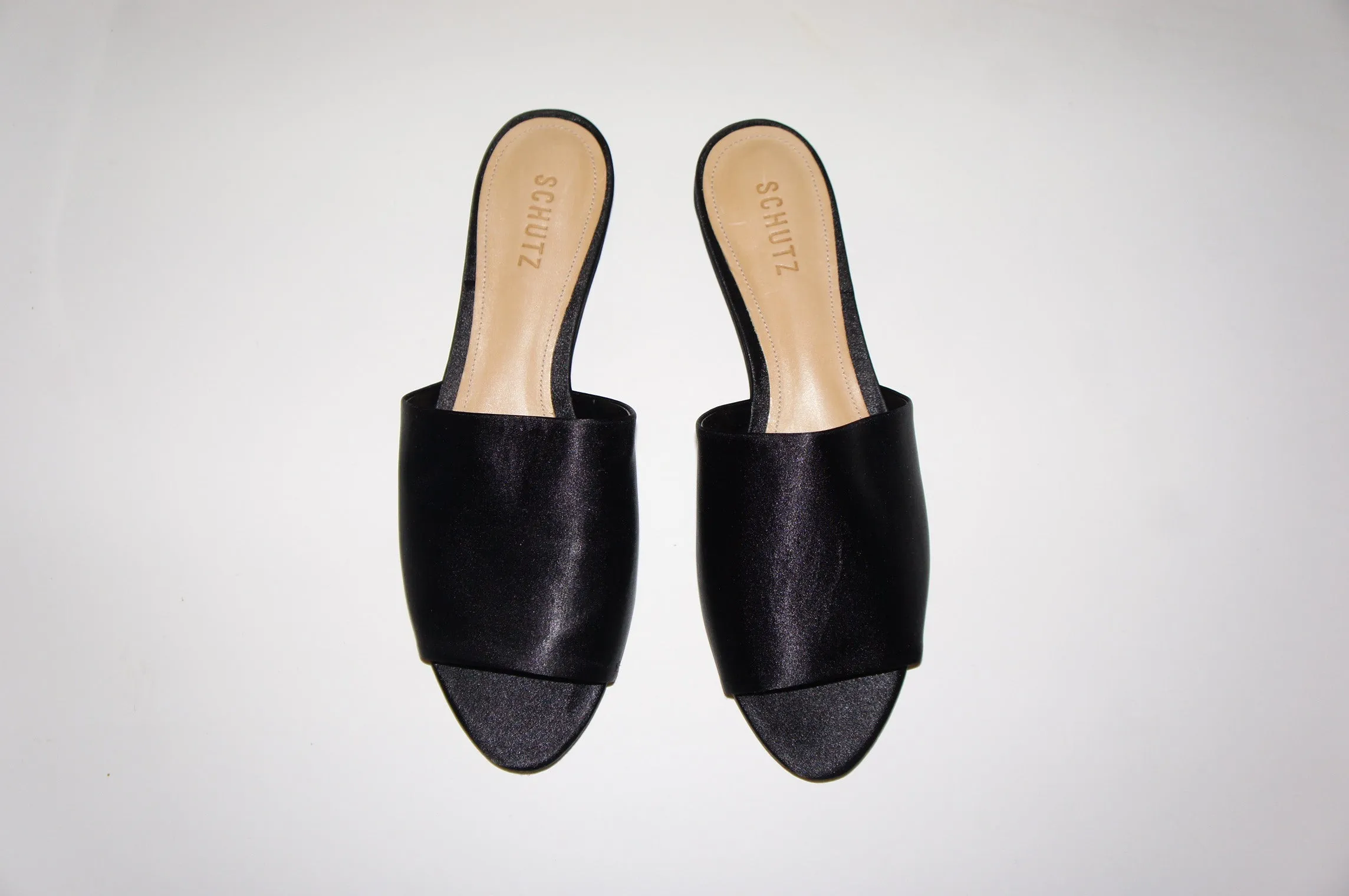 Schutz "Livina" black flat satin mules