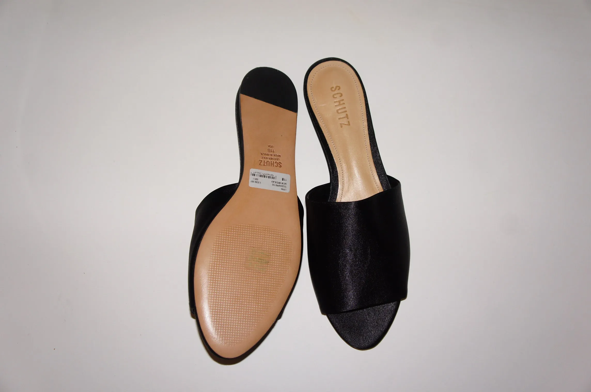 Schutz "Livina" black flat satin mules