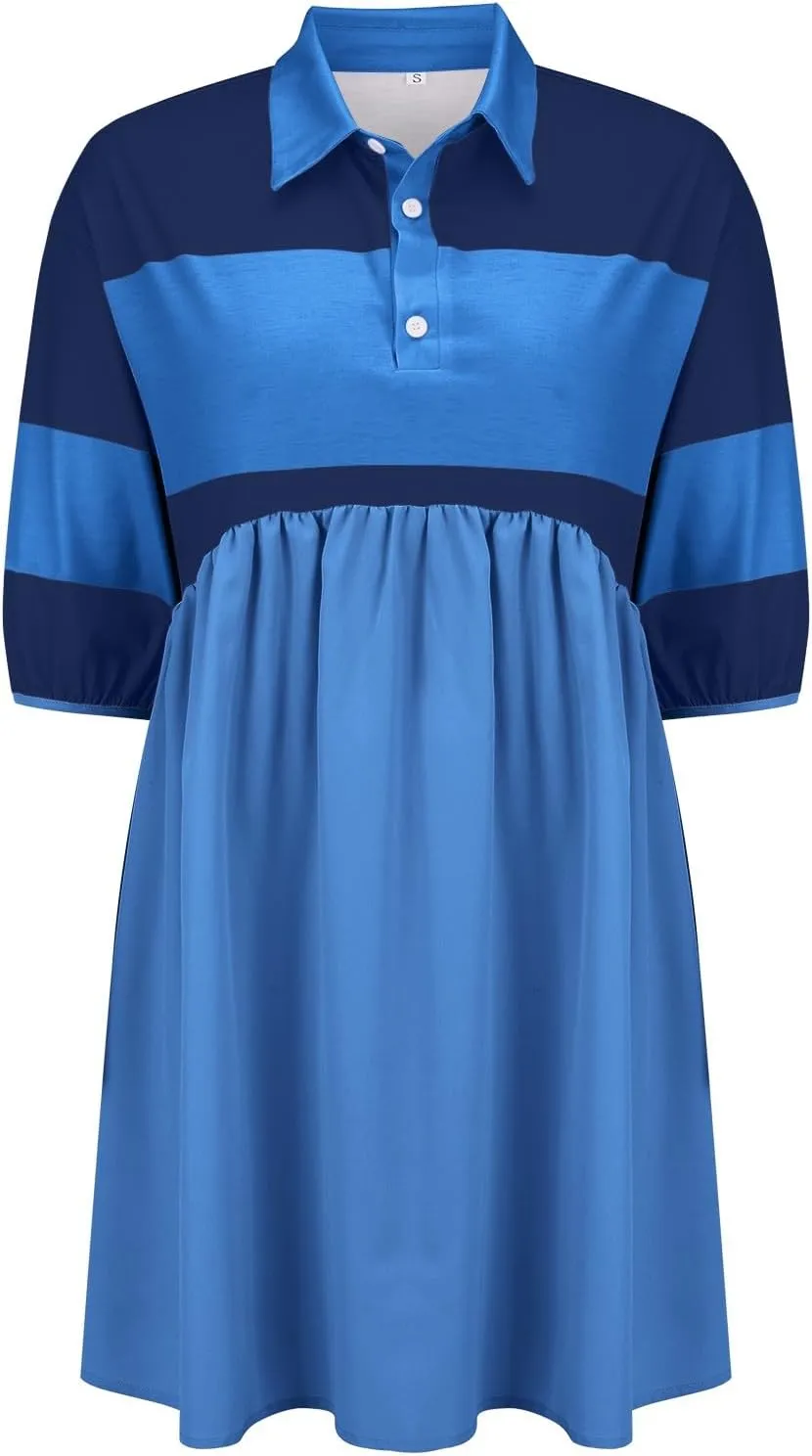 Womens Summer Babydoll Dresses Oversized Casual Short Sleeve Color Block Collared V Neck Flowy Shirt Mini Dress Plus