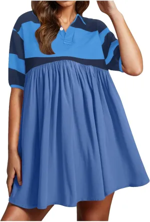 Womens Summer Babydoll Dresses Oversized Casual Short Sleeve Color Block Collared V Neck Flowy Shirt Mini Dress Plus