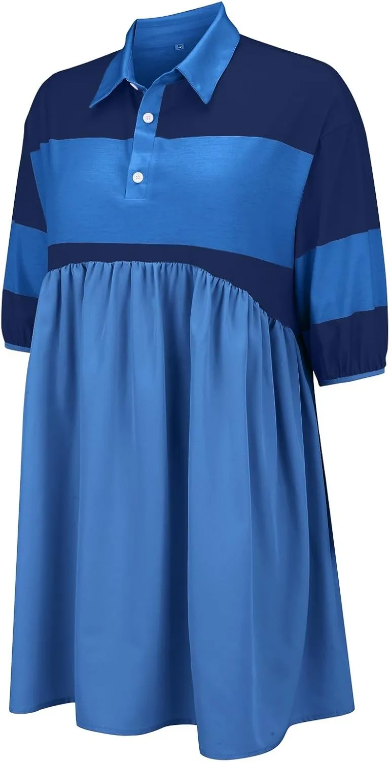 Womens Summer Babydoll Dresses Oversized Casual Short Sleeve Color Block Collared V Neck Flowy Shirt Mini Dress Plus