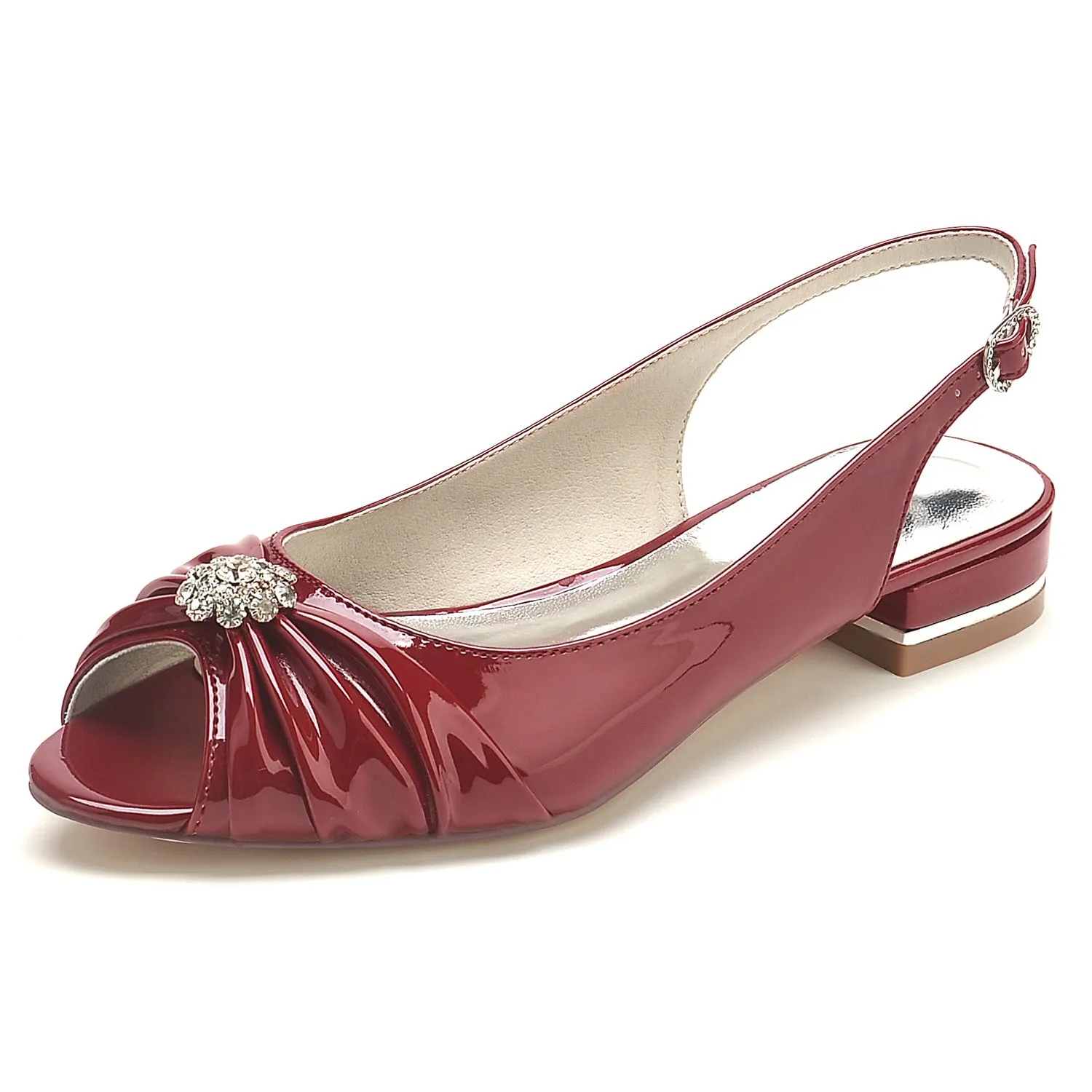 Women's Wedding Shoes Patent Leather Crystal Flower Low Peep Toe Buckle Bridal Shoes