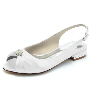 Women's Wedding Shoes Silk Satin Crystal Flower Low Peep Toe Buckle Bridal Shoes