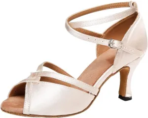 YKXLM Latin Ballroom Dance Shoes for Women Practice Dance Heels Performance Party Dance Shoes Peep-Toe, Beige-8 Heel-9.5 US