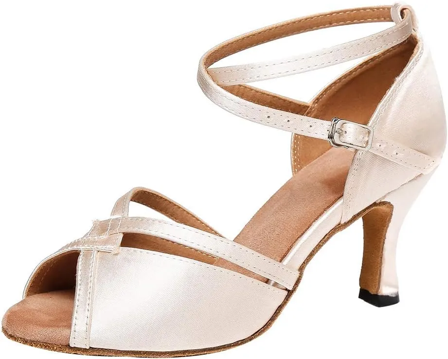 YKXLM Latin Ballroom Dance Shoes for Women Practice Dance Heels Performance Party Dance Shoes Peep-Toe, Beige-8 Heel-9.5 US